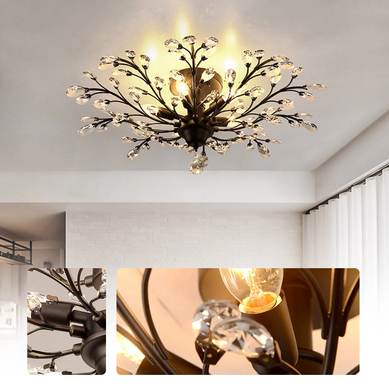 Lighting Vintage K9 Crystal Metal Branches Led Ceiling Lights Fixtures Retro Wrought Iron French Villa Ceiling Lamp Shade