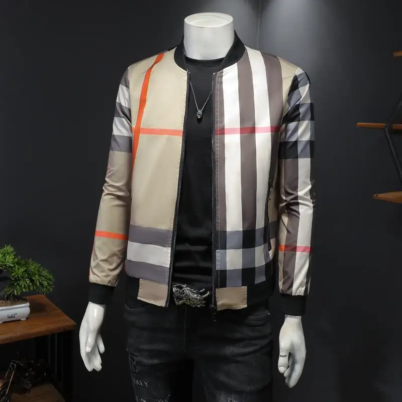 Men\'s jacket 2024 spring and autumn new slim handsome classic plaid trend large size striped baseball jacket men