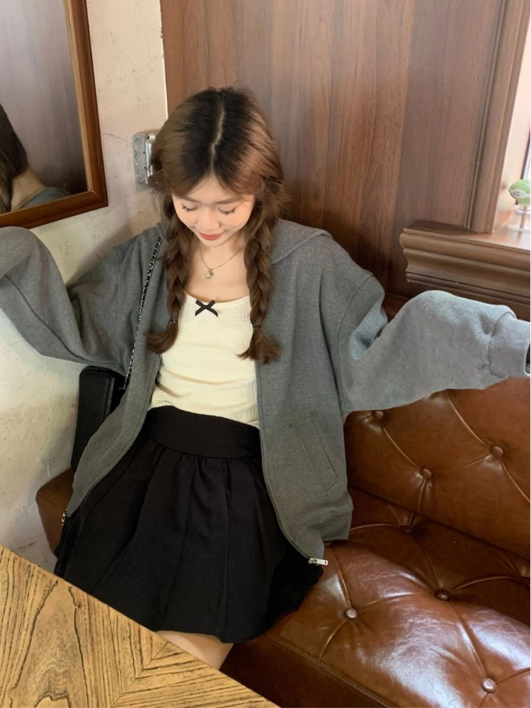 Preppy stijl hoodies matrozenkraag gestreept contrastkleur lange mouwen zakken rits sweatshirt casual losse 2025, dameskleding