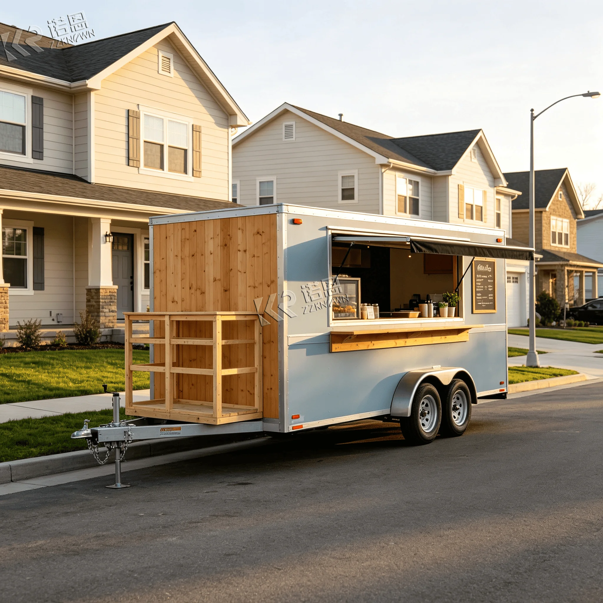 Double Axle Food Trailer with Rear Working Deck Mobile BBQ & Fast Food Truck for Fair Catering & Outdoor Event Rental