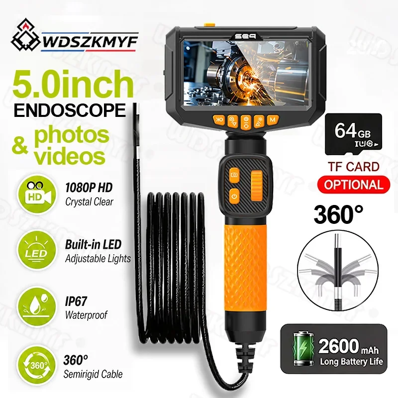 New Articulating Borescope With 5inch Screen IP67 Two-Way 360° Endoscope Inspection Camera 6 LED Lights Car Inspection Tools