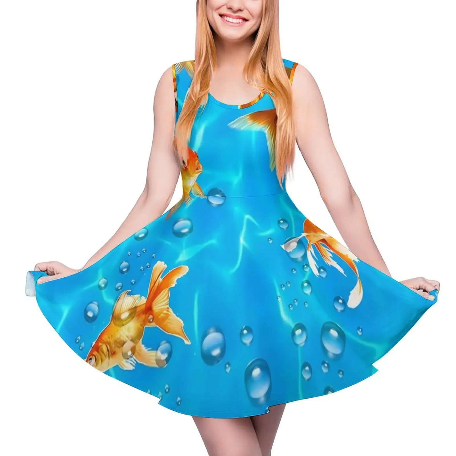 

Sea Fish Print Dress Red Goldfish Boho Dresses High Waist Street Fashion Skate Dress Women Printed Vestido Birthday Present