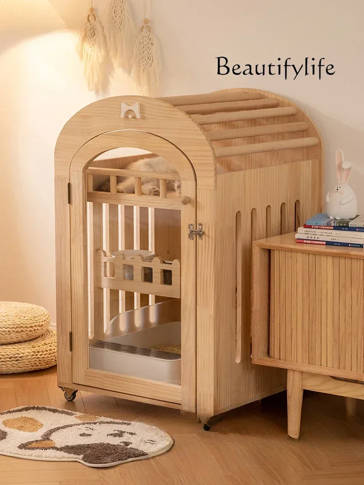 

S Cat villa solid wood home indoor pet cat cage two-story small cat nest house