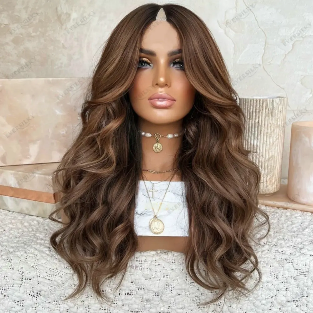 

Light Brown Hightlight Loose Wave V Part Wig Human Hair for Women Full Machine Made Glueless 1x4 Size U Part Wig Human Hair