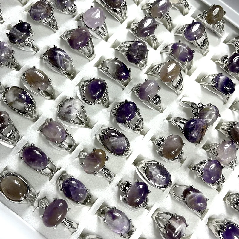 50Pieces /Lot New Design Natural Amethyst Purple Stone Silver Plated Ring Ladies Women Rings Wholesale Jewelry LR4210