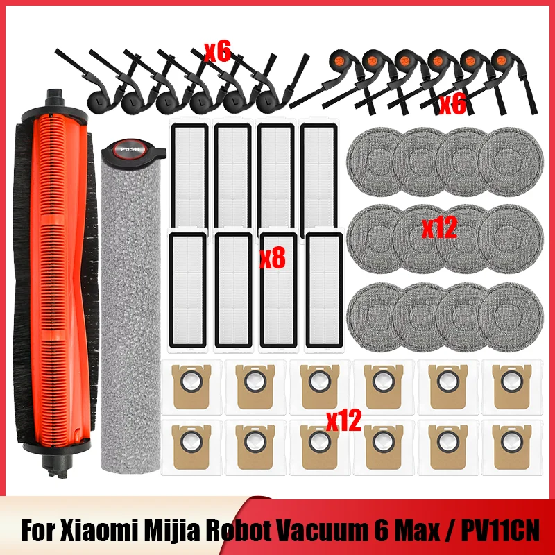 For Xiaomi Robot Vacuum 6 Max / PV11CN Parts Accessories Main Roller Brush Main Side Brush Filter Roller Mop Cloth Dust Bag
