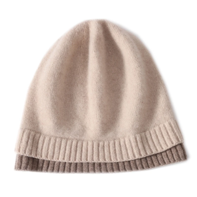 100%Wool Women Knitted Beanies Autumn Winter Warm Soft Cozy Cashmere Hats Fashion 2 Layer Hem Bonnet Outdoor Ski Skullies Cap