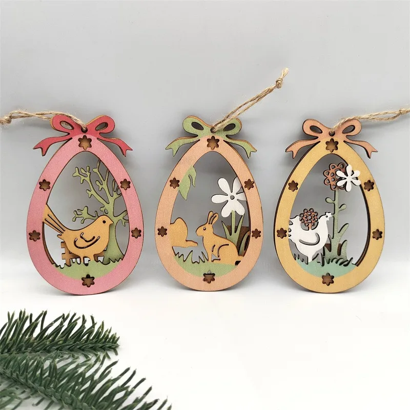 Easter Wooden Rabbit Chicken Colorful Egg Pendant Double Layered Hollow Wooden Hanging Ornaments Happy Easter Day Party Decor