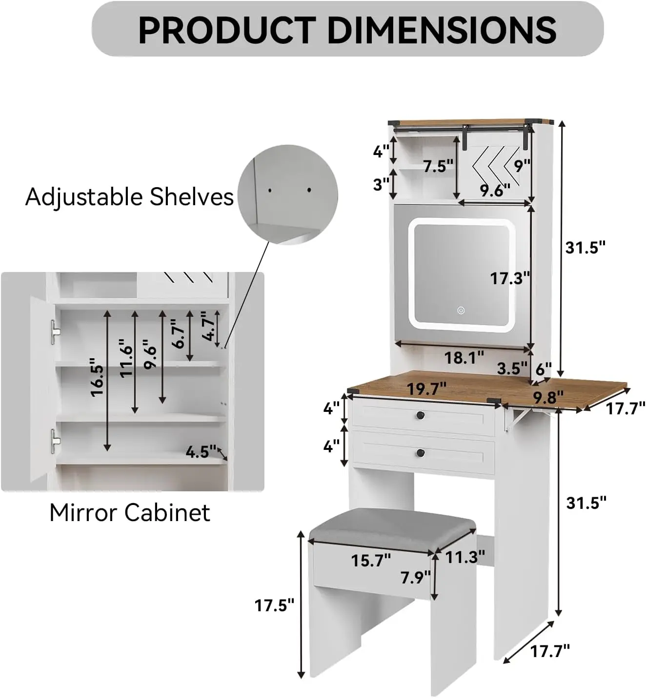 Pequeno Vanity Desk Set, 3 espelho iluminado ajustável, cadeira de armazenamento, mesa de vaidade preta para quarto, mini maquiagem compacta