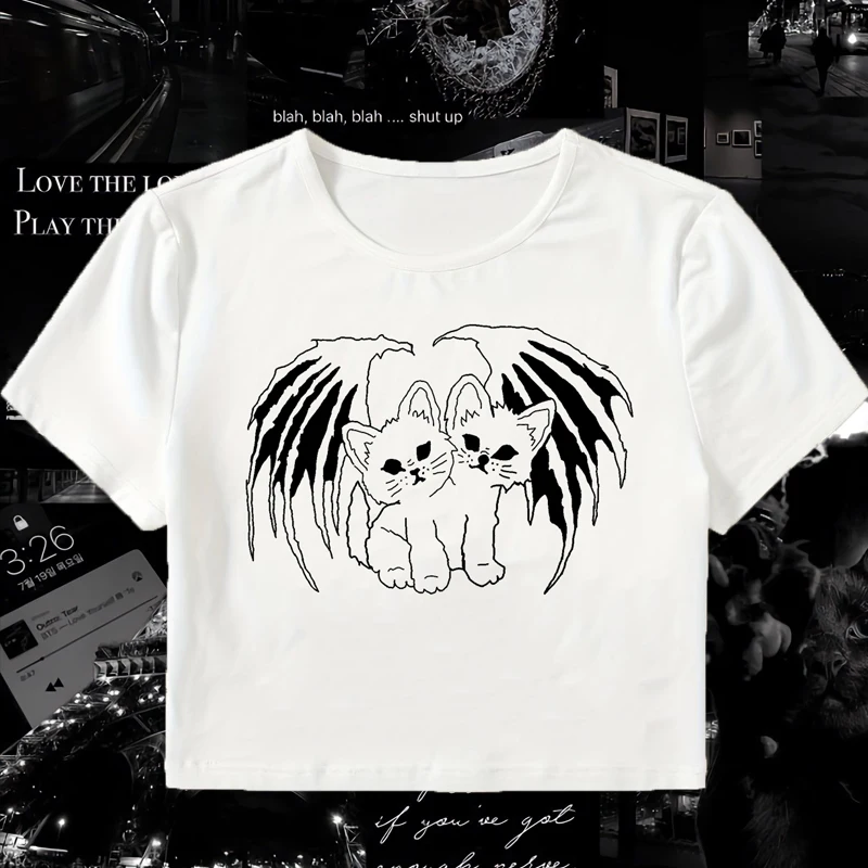 Goth Emo Crop Top Streetwear Aesthetic Cat Angel graphics Baby Crop Vintage Women punk Short Sleeve T-Shirt Y2k Clothes Tees