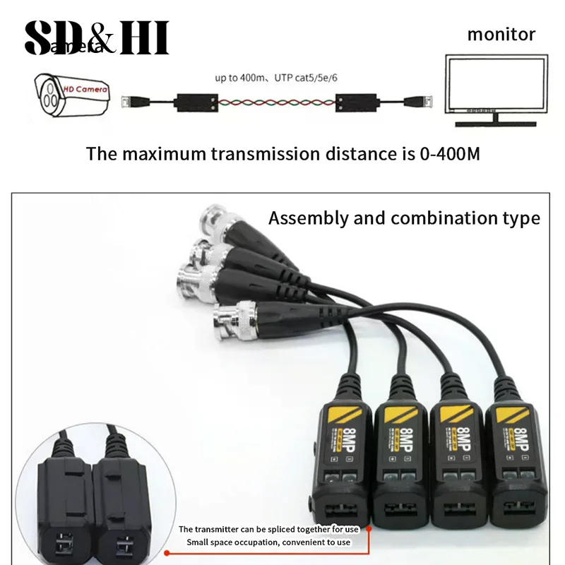 

1 Pair Support AHD/CVI/TVI 8MP 4K Camera Cat5e/ Cat6 UTP Cable Connectors Twisted BNC CCTV Video Passive Transceivers