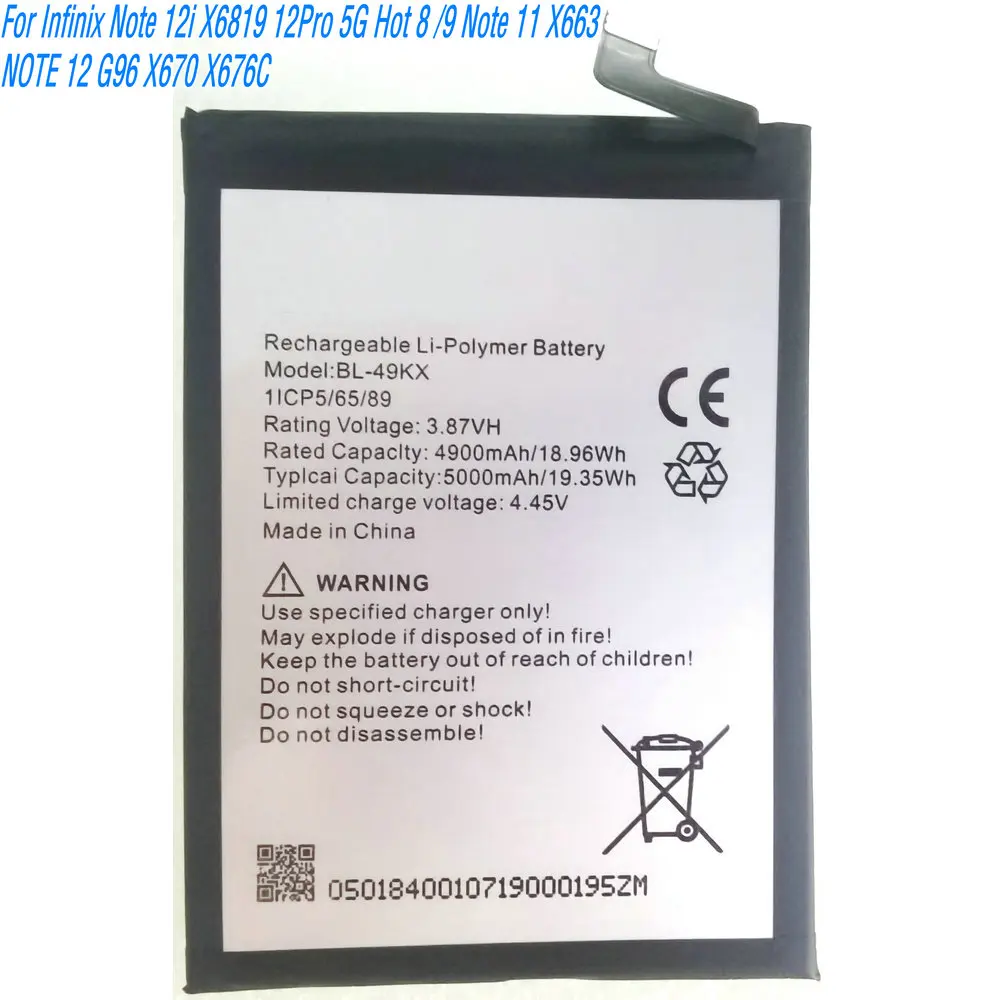 

3.87V 19.35Wh BL-49KX Battery For Infinix Note 12i X6819 12Pro 5G Hot 8 /9 Note 11 X663 NOTE 12 G96 X670 X676C Mobile Phone