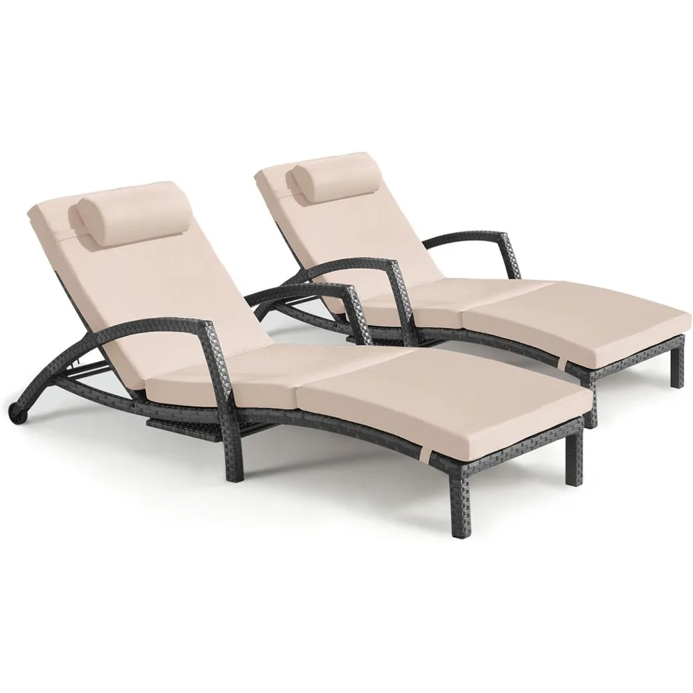 

Chaise Lounge Chairs Outdoor Set of 2, Comfy Outside Wicker Patio Pool Lounge Chair w/ 5 Adjustable Back Angle, Cup Holder, Thic