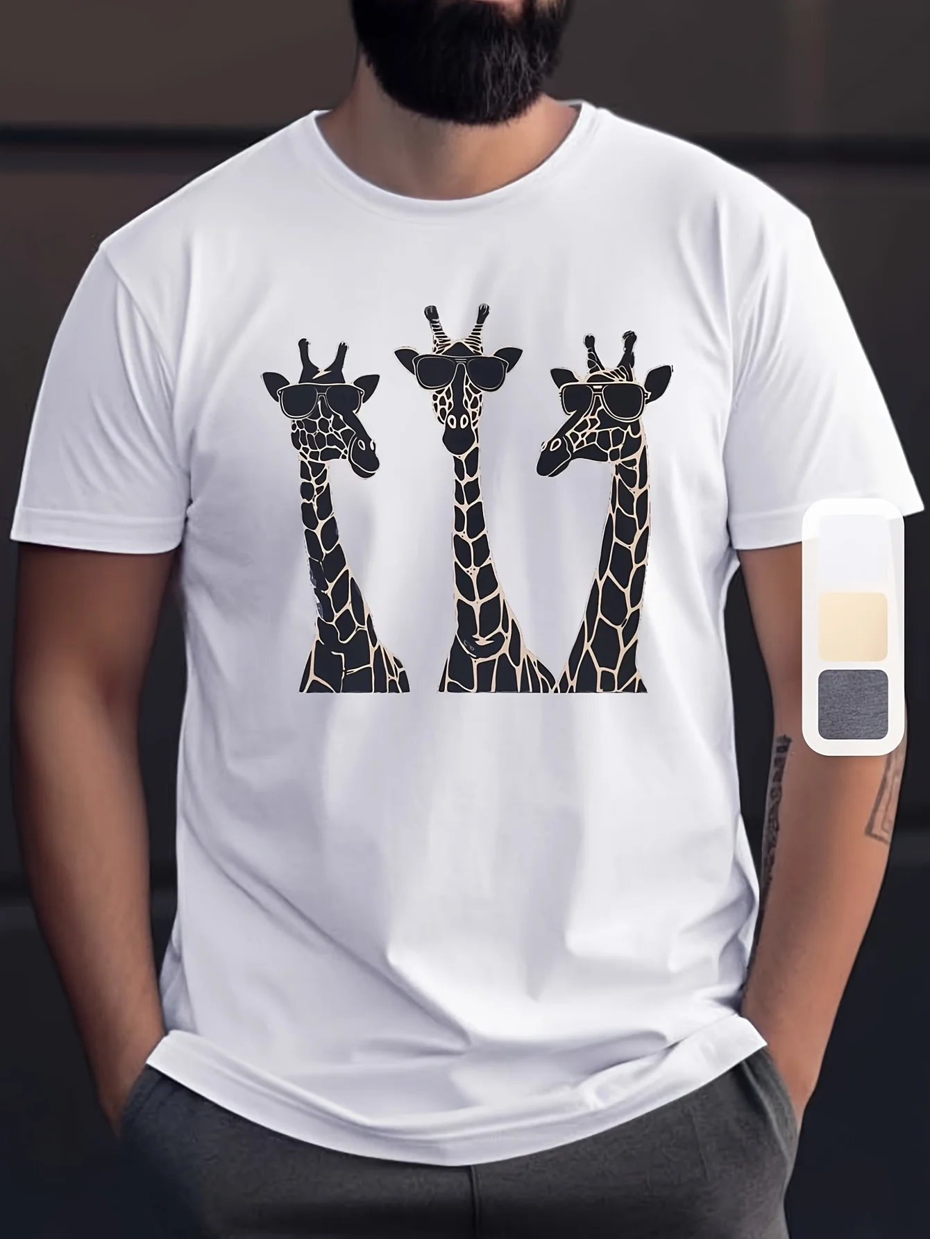Three Cool Giraffes Print Mens T Shirt Animal With Sunglasses Line Art Short Sleeve Crew Neck Cotton Tee Street Casual Daily Top
