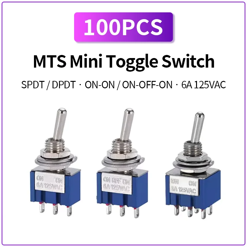 100PCS MTS-102 103 202 203 Mini Toggle Switch SPDT DPDT ON-ON ON-OFF-ON 125VAC 6mm Waterproof Cap