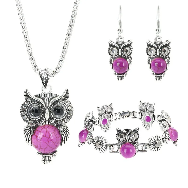 Unique Silver Plated Wisdom Owl Shape 3 Colors Turquoises Stone Necklace Drop Earrings Bracelet Animal Jewelry Sets