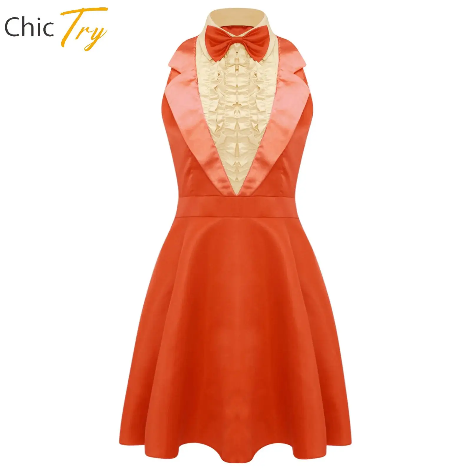 

Halloween 80s Dumber Cosplay Dress And Bowtie Lapel Womens Dress-up Party Raves Costume Sleeveless Ruffled Chest A-line Dress