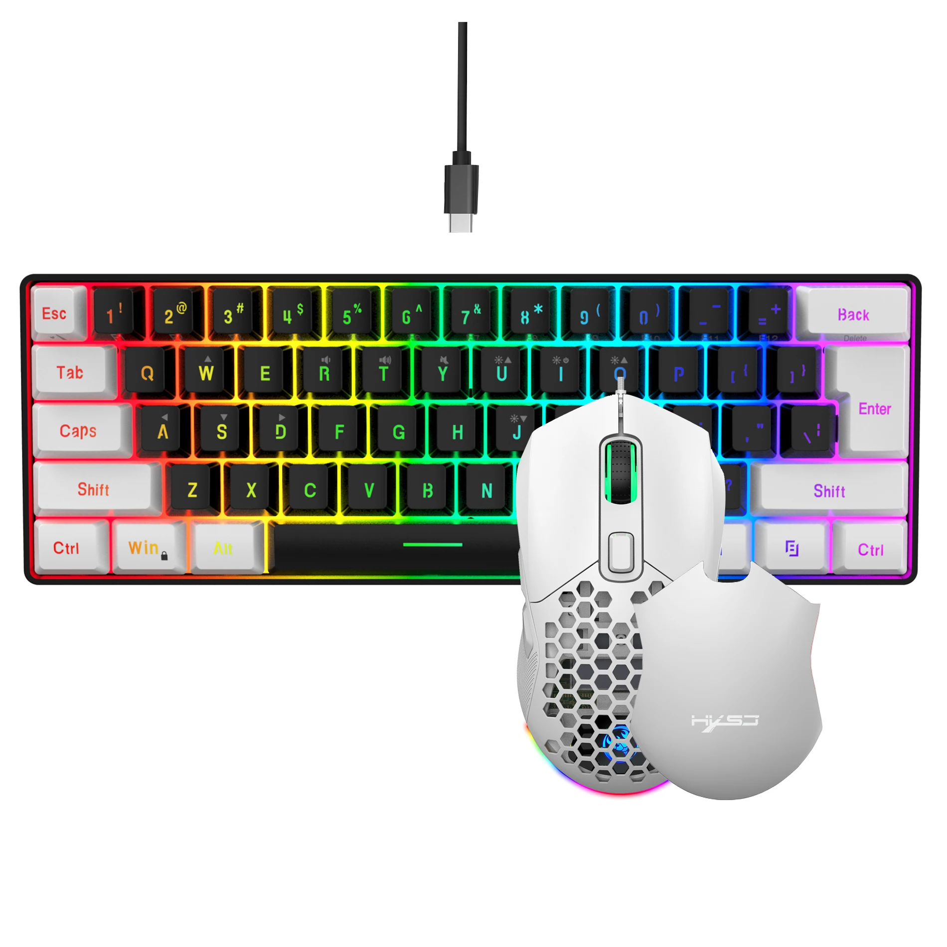 Compact RGB Keyboard and Gaming Mouse Combo - White & Black 61-Key Mini Wired Keyboard Ergonomic Design, Mouse Cover