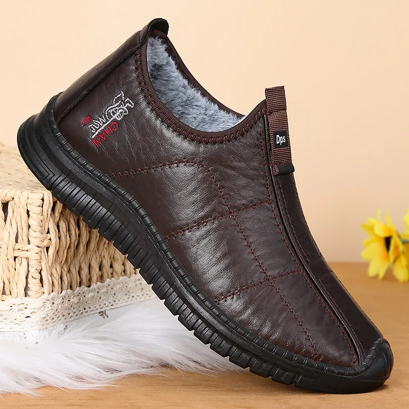 Winter männer Baumwolle Schuhe Warme Plüsch Dicke Schnee Stiefel Casual Leder Oberfläche Wasserdicht männer Stiefel Anti Slip Plus größe 39-48 – Detail 5