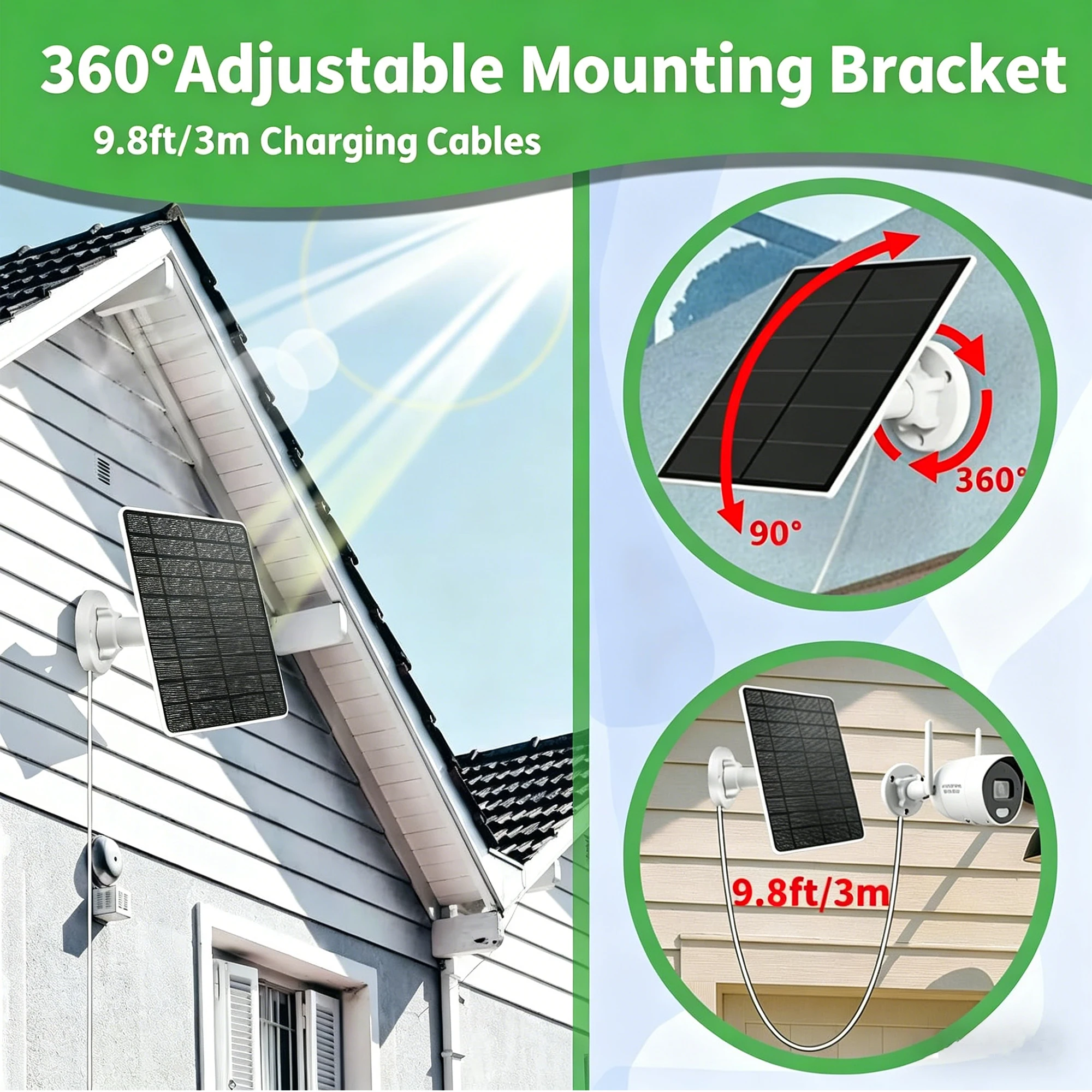 15W Solar Panel for Security Camera USB-C/DC/Micro USB Camera Solar Panel Charger Waterproof 360°Adjustable For EufyCam/Wyze Cam