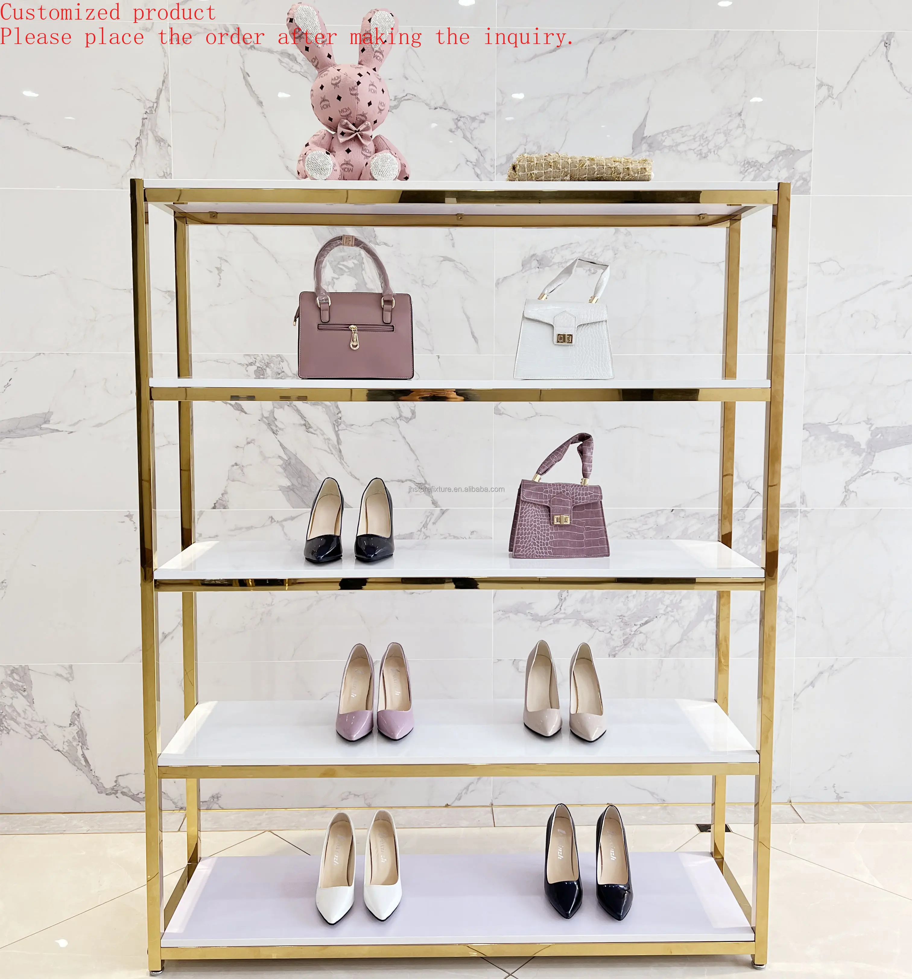 

Custom.Custom .Custom.New Design Boutique Woman Shoe Store Display Stand Decoration Stainless Steel Metal Rack for Bag Shop MDF