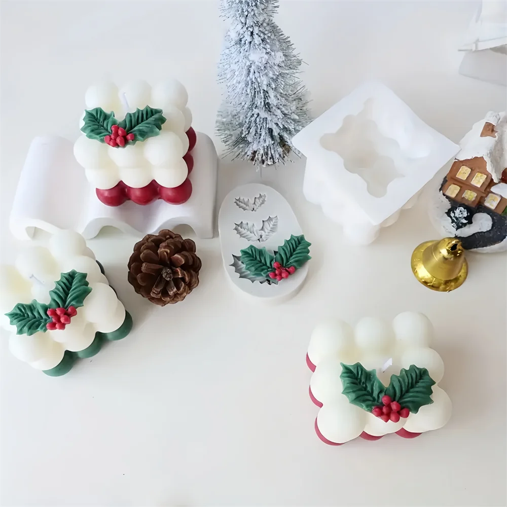 Weihnachten Holly Blatt Blase Kerze Silikon Form handgemachte Aromatherapie Gips Ton machen geformte Kerze Weihnachten Neujahr Geschenk Form – Detail 1