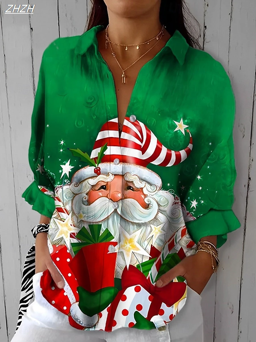 レディース 2025 長袖シャツ、ポリエステル混紡スリムフィット、クリスマスサンタグラフィックカジュアルデイリーウェア、春秋ブラウストップス