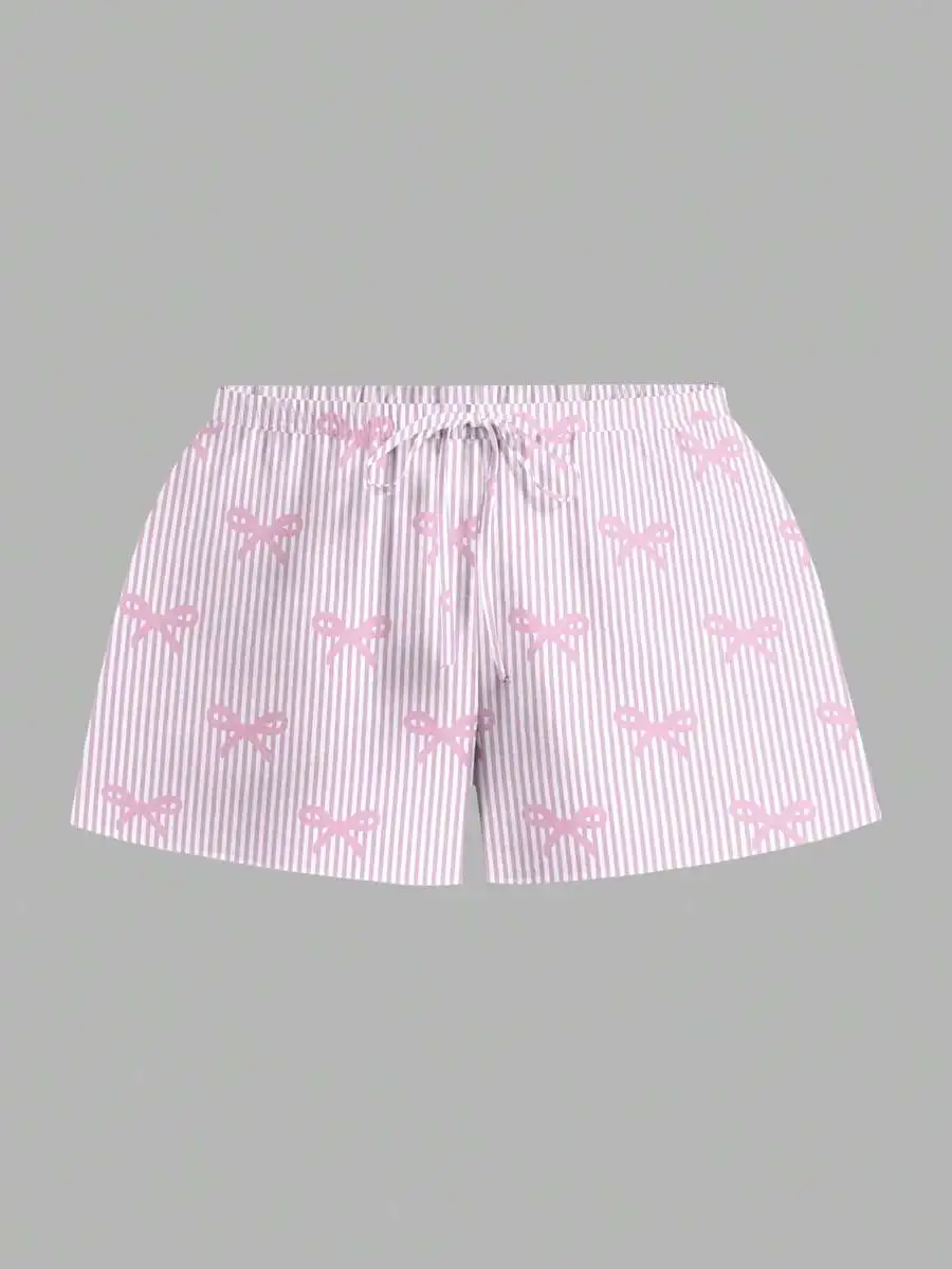 

Women Summer Casual Loose Bow Striped Print Shorts Lounge Pajama Short