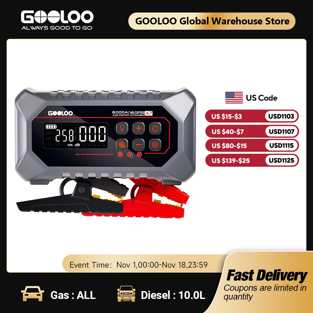 GOOLOO 24000mah Portable Jump Starter Power Bank 160PSI Air Pump Booster Car Battery 12V Auto Booster Gas&Diesel Battery Starter Car Battery Starter Powerbank for Vehicle Engines