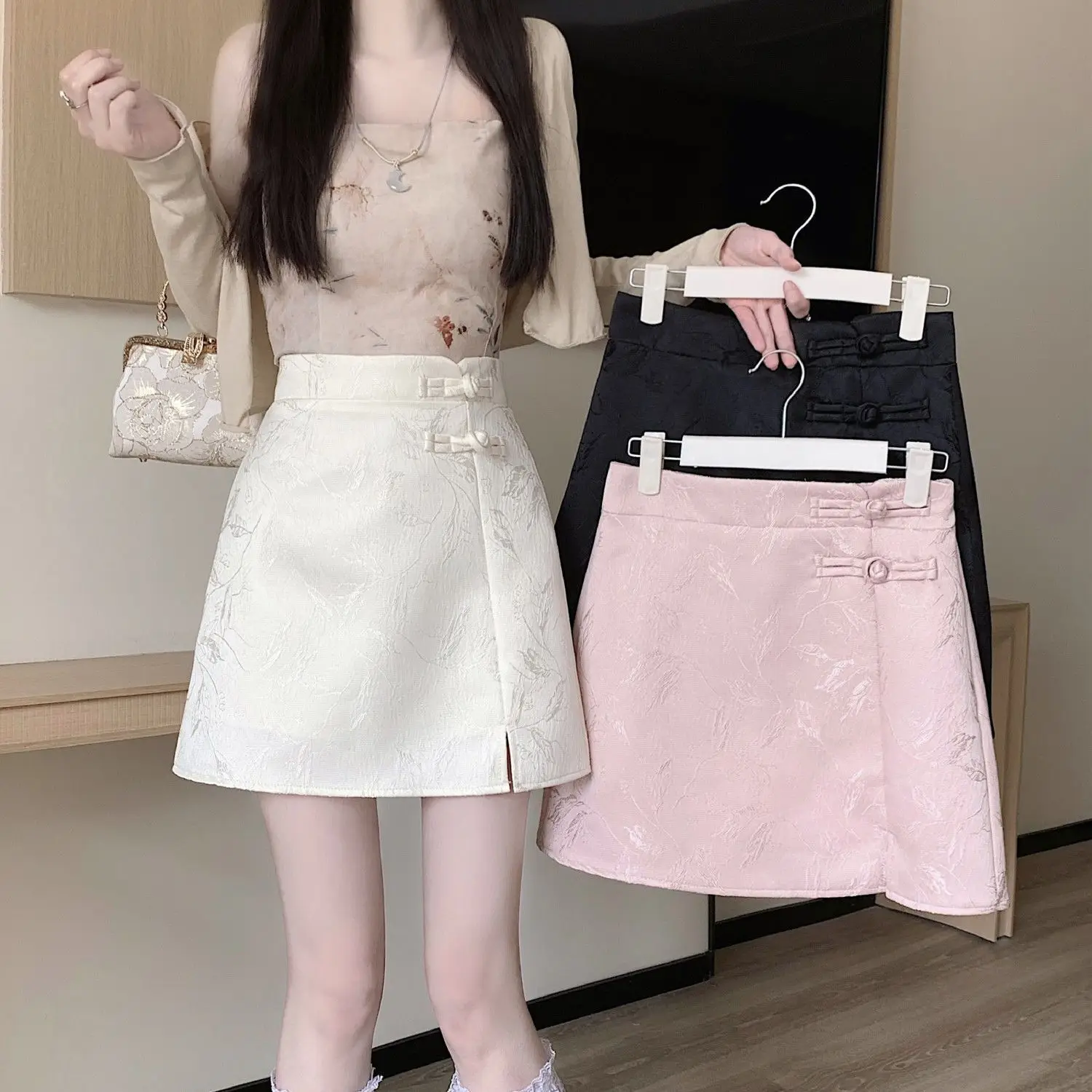 Summer Chinese Style Knot Button Jacquard Skirt 2026 New Women High Waist A-line Skirts Female Vintage Hanfu Skirt Short Skirt