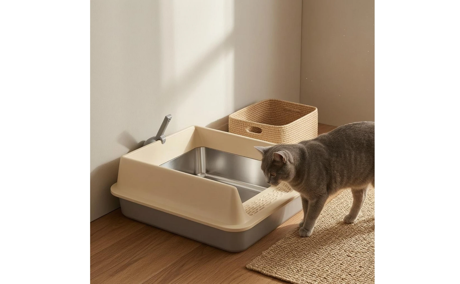 Cat Litter Box with Fence Deep Basin Open Top Litter Box Waste Tray Included Scoop Non Porous