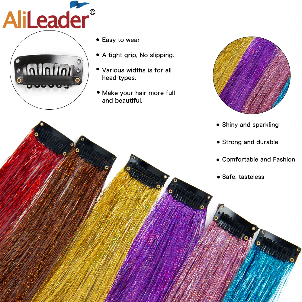 Straight Rainbow Colored Party Highlights Clip On In Hair Extensions Bling Hair Piece Synthetic Hairpieces Sparkling Tinsel Red