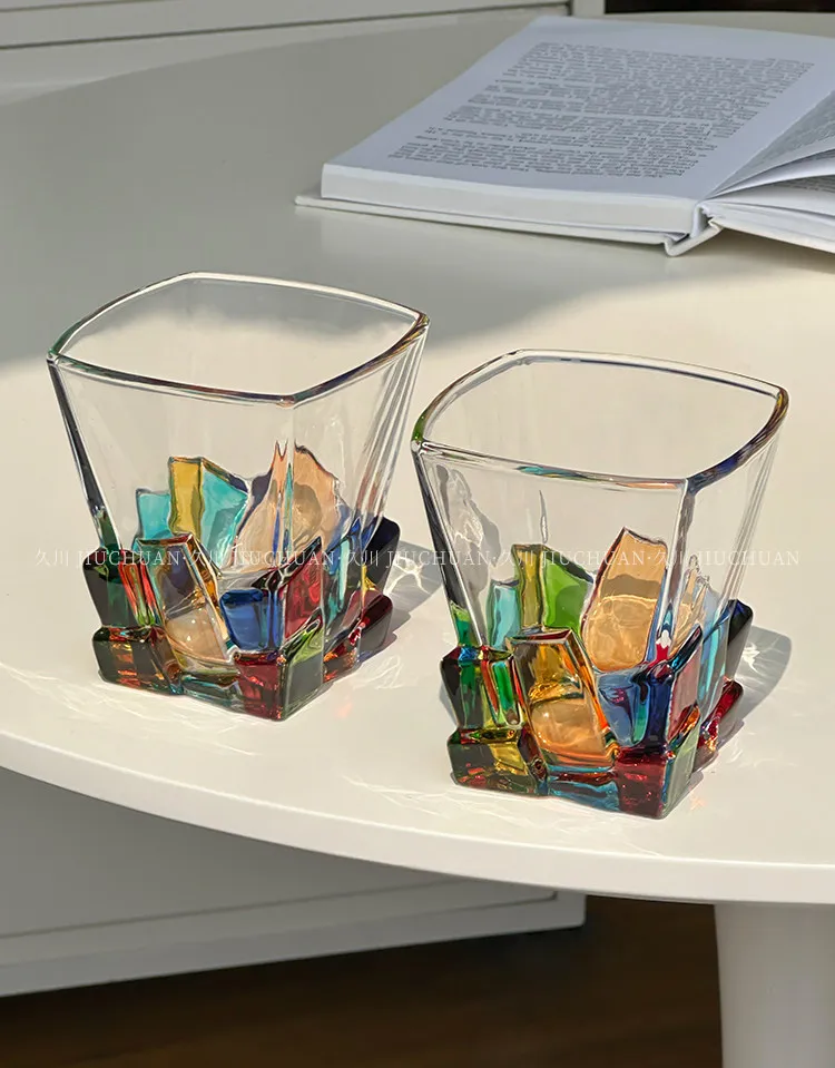 Premium Ice Cube Formed Glass Cup with Space Gold Detail, Elegant Colorful Tumbler for Whiskey, Iced Coffee, Drinks, Aesthetic T