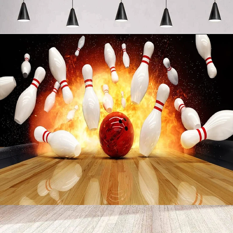 Photography Backdrop For Bowling Birthday Party Let's Strike Up Some Fun Fire Flames Bowling Background Cake Table Decor Banner