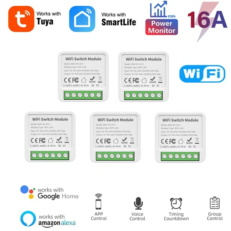 

5 PCS Tuya WiFi 16A MINI Power Monitor 2 Way Control Wall Switch Socket Electricity Statistics Breaker for Fan TV Table Lamp