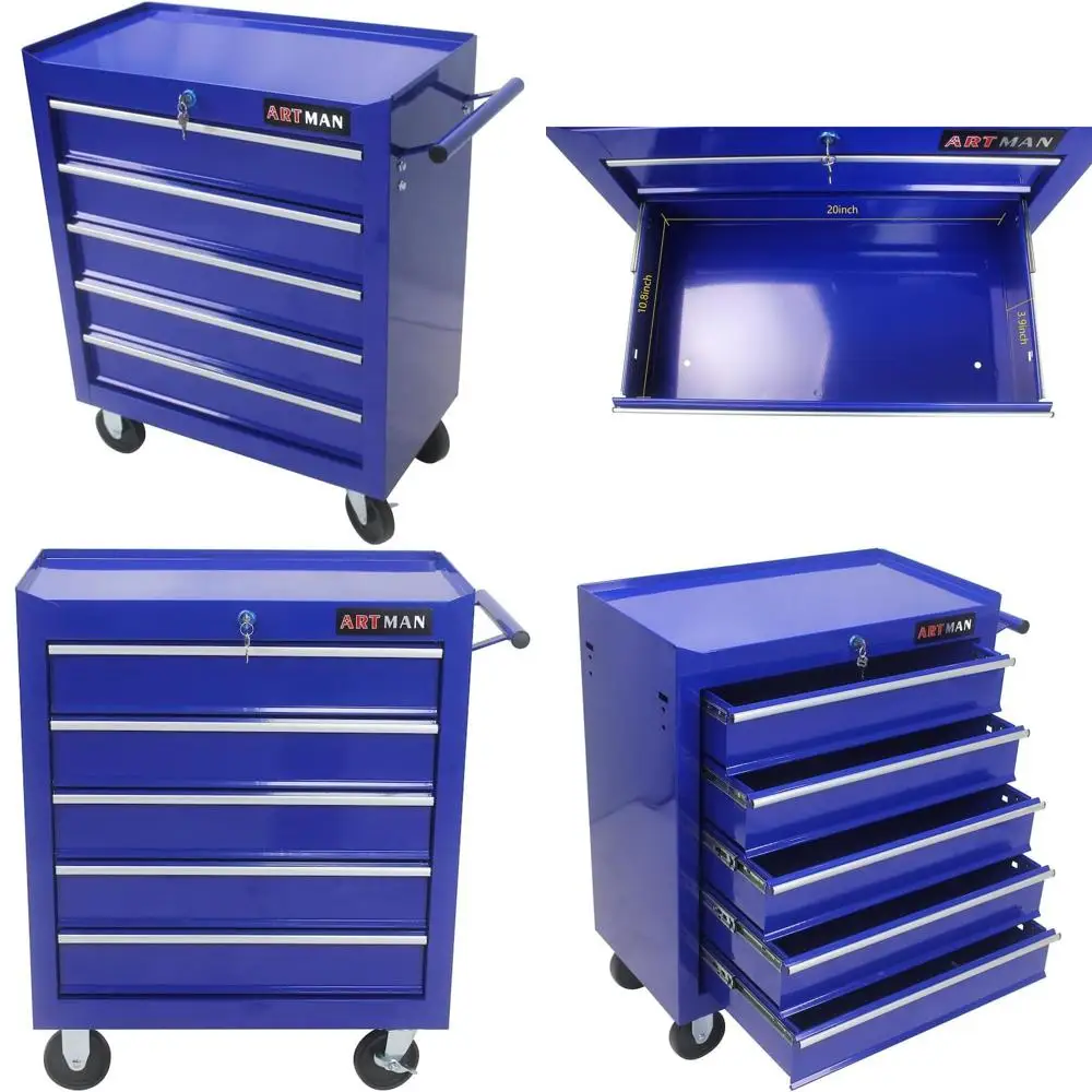 

Сверхмощный синий шкаф для инструментов с 5 ящиками, запираемый на колесиках для многофункционального использования