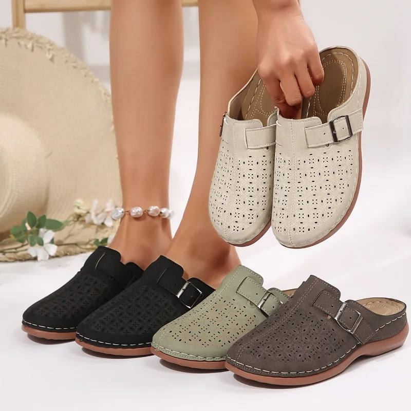 Slippers for Women Fashion Wedge Sandals 2025Summer Baotou Half Slippers for Women Comfort Breathable Hollow Sandal Roman Slides