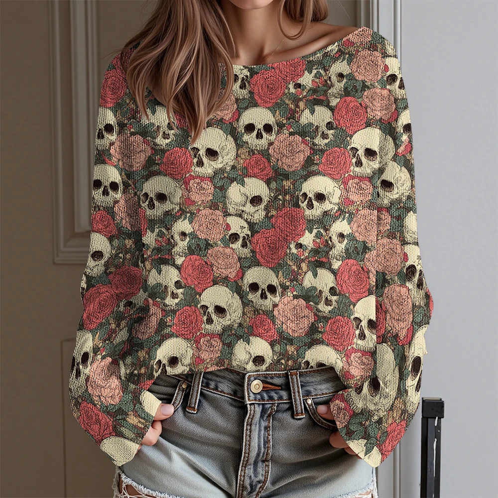 Kolorowa koszulka damska z odkrytymi ramionami i długim rękawem z nadrukiem czaszki i róży, jesienno-zimowa moda streetwear, seksowna bluza punkowa na Halloween.