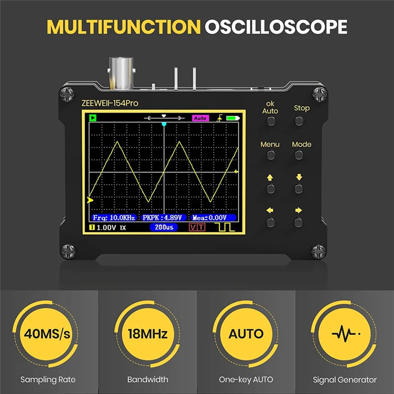 Digital Oscilloscope,14 Type Measurement, 40MSa/S Sampling Rate, 18MHz Bandwidth, 2.4In LCD Display with 10X, 100X Probe