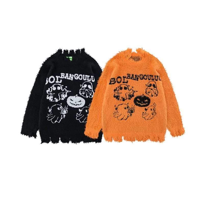 Halloween Orange Knitted Sweater Men and Women Couple Christmas Sweater American Retro Fun Pumpkin Pattern Print Sweater