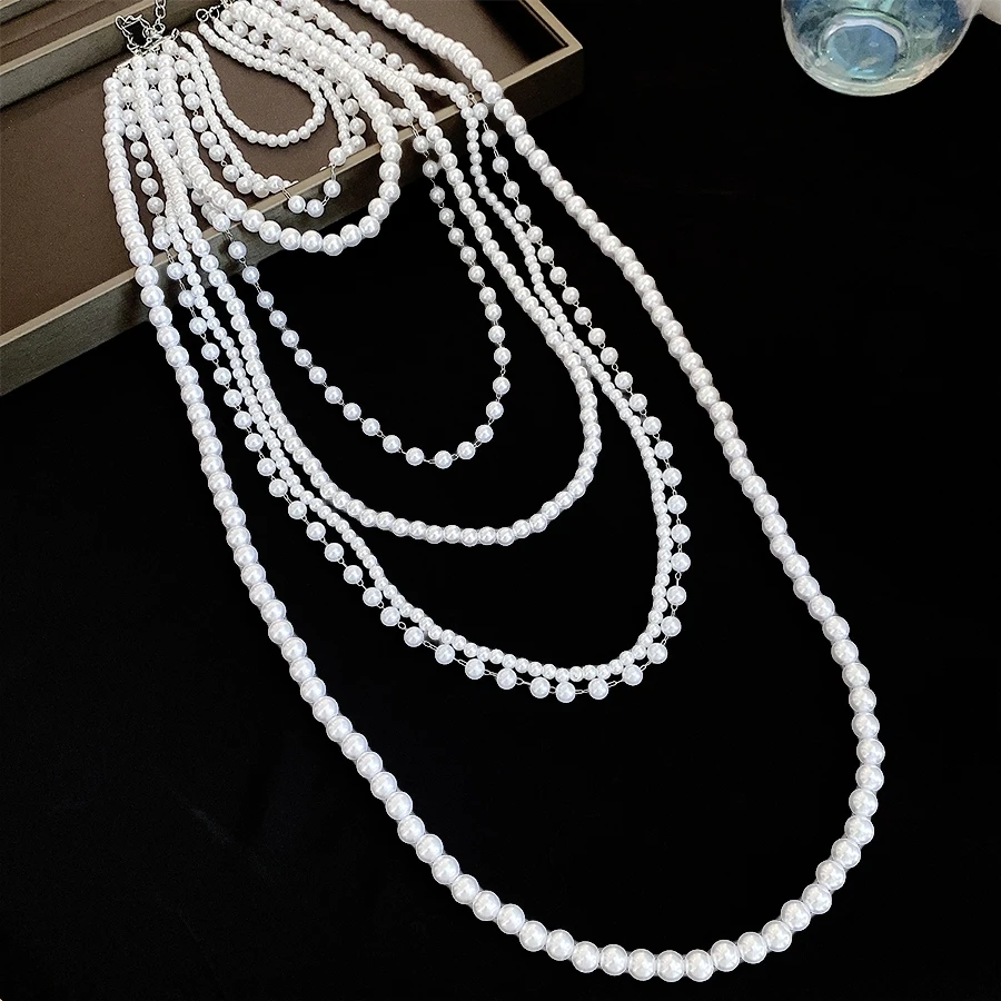 Multi-Layer Faux Pearl Tassel Necklace with Central Rhinestone Long Chain Design Elegant Jewelry for Women Daily and Party