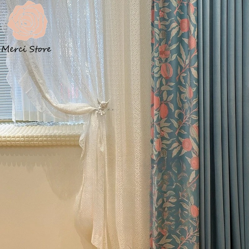 

Luxury French Country Style Sea Blue Pastoral Floral Retro Velvet Blackout Curtains for Living Room Bedroom Custom Drapes