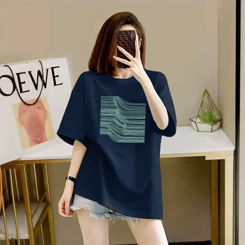 

100% cotton short sleeved t-shirt for women's summer 2024 new oversized loose print versatile casual mid length top