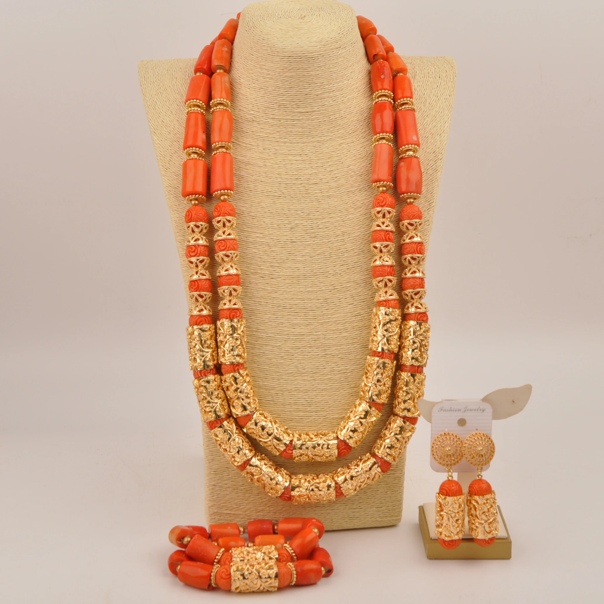 

Orange jewelry fashion Nigerian wedding couple natural coral bead necklace set in Africa