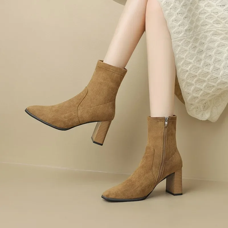 Winter Women Boots Fashion High Top Padded Warm High Heels New Non-slip Short Plush Plush Quilted Zip Women's High Heels