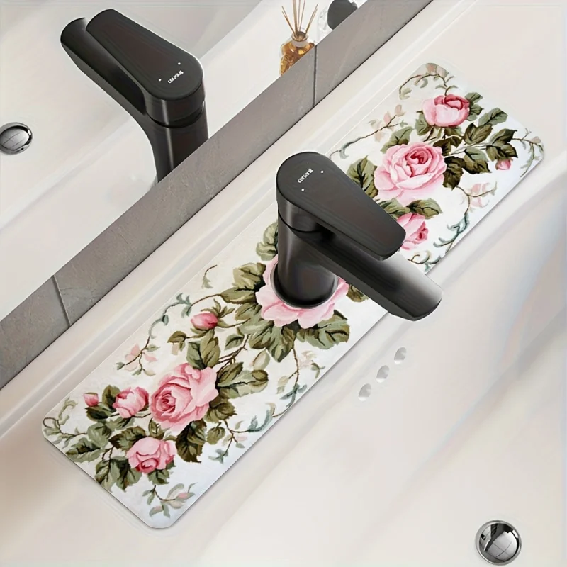 Tapete para Fregadero VIKAMA Retro Romántico con Diseño de Rosas, Impermeable, Antideslizante, Lavable y Absorbente, Protector contra Salpicaduras para Grifo de Cocina
