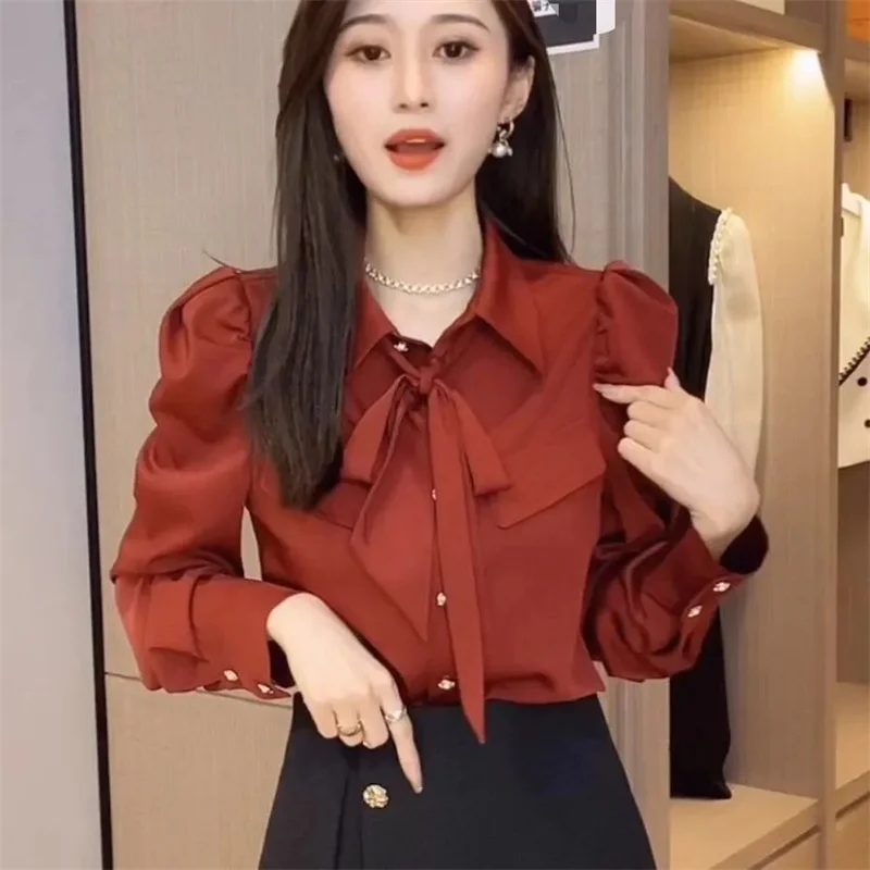 Damska koszula/kurtka na wiosnę i jesień, jednolity kolor, styl casual, modna, z długim rękawem, z kokardą, bluzka/kardigan z bufiastymi rękawami.