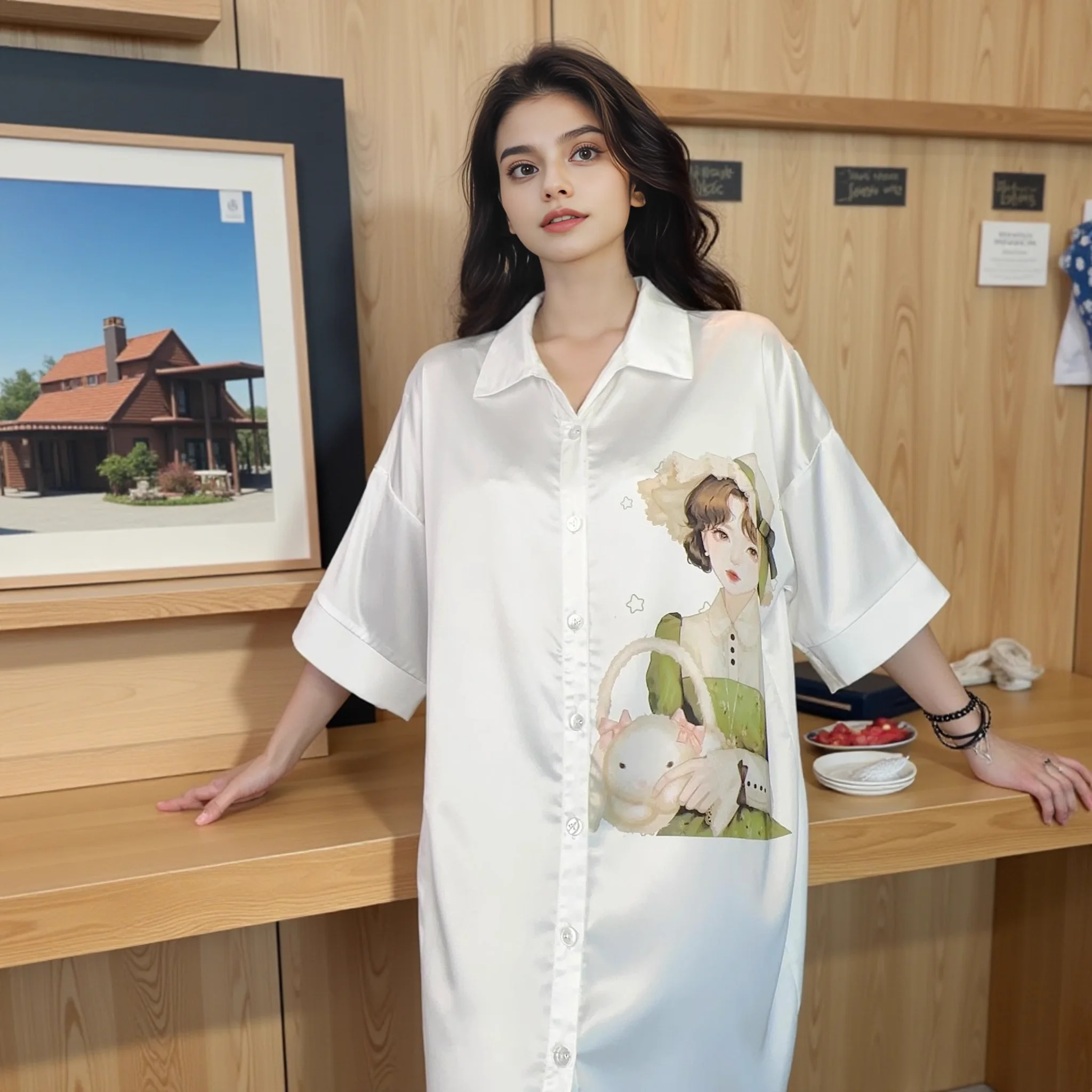 بيجامة نسائية رومانسية كبيرة الحجم من الساتان، ملابس نوم طويلة قابلة للتنفس وناعمة ومثيرة، مناسبة للربيع والصيف والخريف.