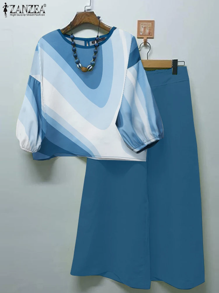 

ZANZEA Spring Color-Blocked Lantern Sleeve Tops 2-Pieces Tracksuits Casual Wide Leg Pants Women's Fashion Pant Sets 2pcs Outfits