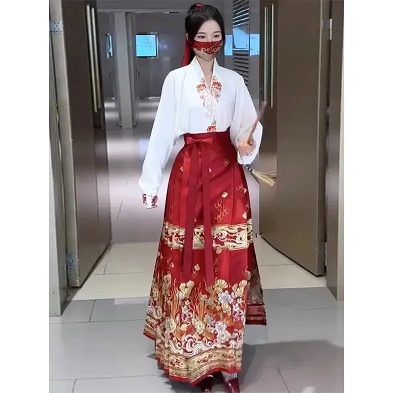 WATER Horse Face Mamian Qun Skirt Black Hanfu Chinese Modern Style Embroidery Aircraft Sleeves Commuter Work Daily Wear 4XL100KG